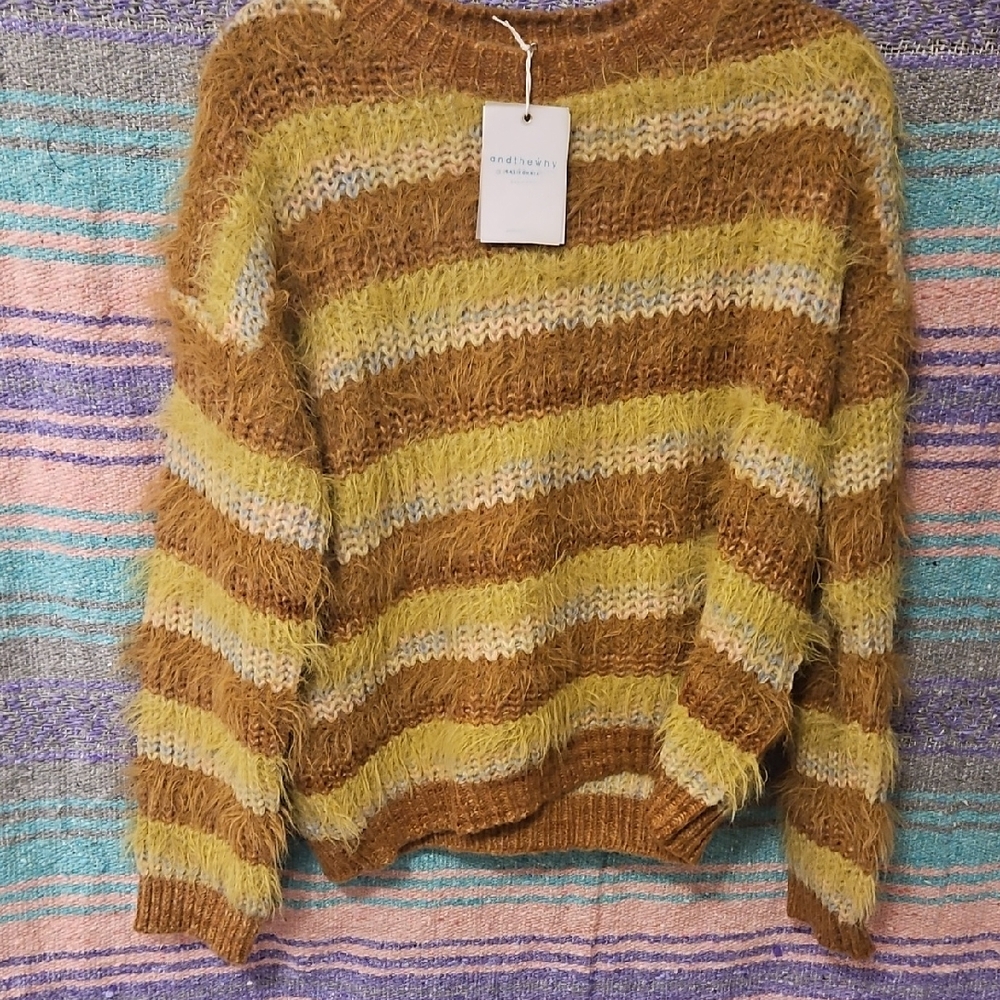 Cozy Striped Fuzzy Sweater in Brown and Yellow